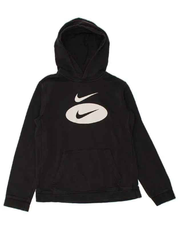 NIKE Boys Graphic Hoodie Jumper 13-14 Years XL Black Hoodie with Thumb Holes Functional Cozy