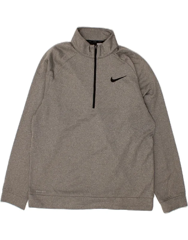 NIKE Mens Dri Fit Zip Neck Sweatshirt Jumper Large Grey Polyester Hoodie with Drawcord Adjustable Secure NIKE Mens Dri Fit Zip Neck Sweatshirt Jumper Large Grey Polyester Hoodie with Drawcord Adjustable Secure