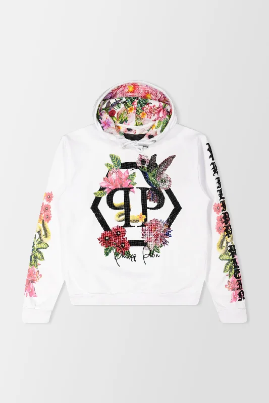 Philipp Plein White Flowers Hoodie Hoodie with Cuffed Sleeves Snug Secure