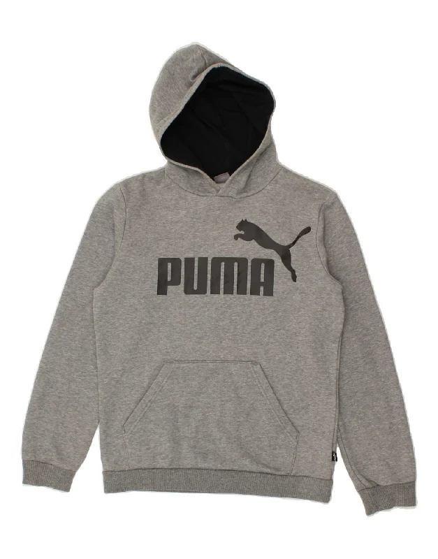 PUMA Boys Graphic Hoodie Jumper 13-14 Years Grey Flecked Cotton