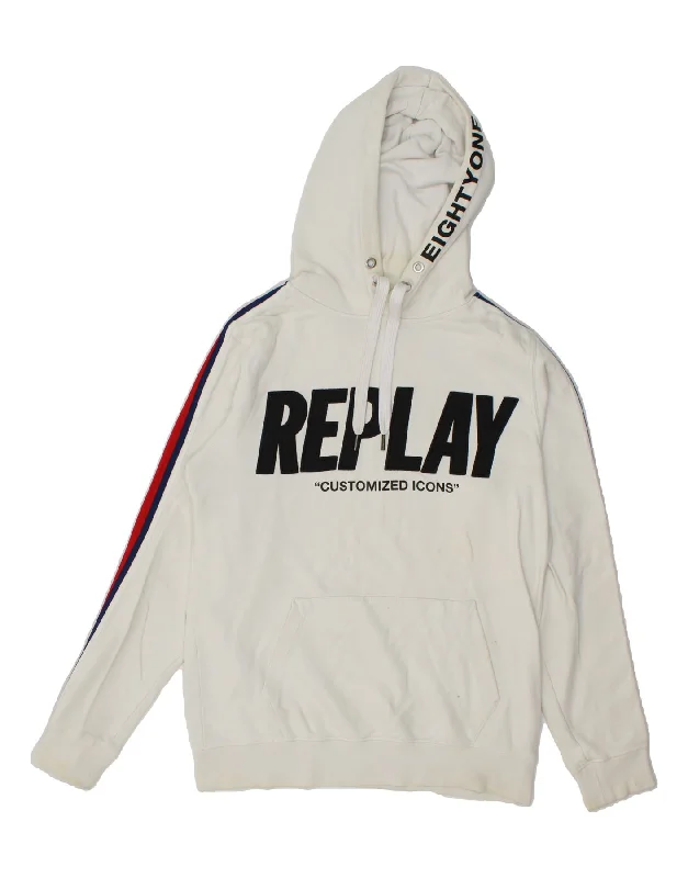 REPLAY Mens Graphic Hoodie Jumper Medium White Cotton