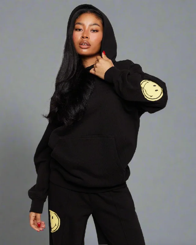 Samii Ryan Smiley® Black Oversized Hoodie Hoodie with Hidden Zipper Minimalist Clean Samii Ryan Smiley® Black Oversized Hoodie Hoodie with Hidden Zipper Minimalist Clean