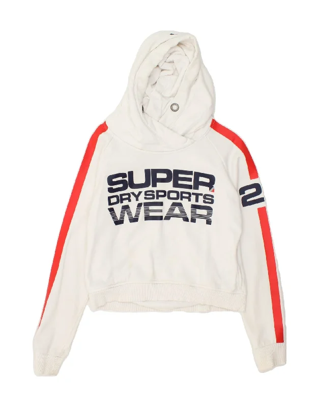 SUPERDRY Womens Crop Graphic Hoodie Jumper UK 14 Large White Cotton