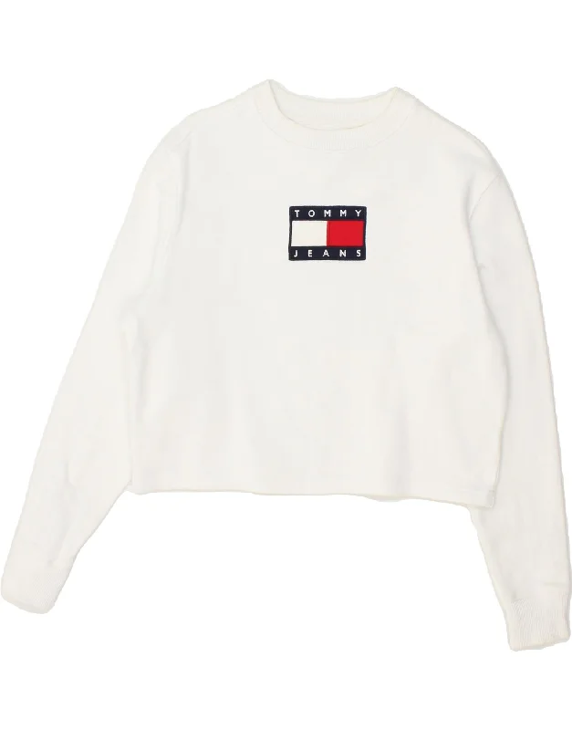 TOMMY HILFIGER Womens Crop Graphic Sweatshirt Jumper UK 6 XS White Cotton