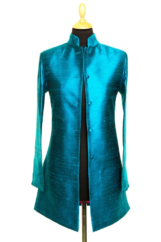 Long Nehru Jacket in Kingfisher Blue Zippered Front Buttoned Front Snap Front