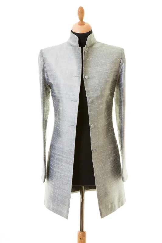 Long Nehru Jacket in Silver Front Pockets Side Pockets Patch Pockets