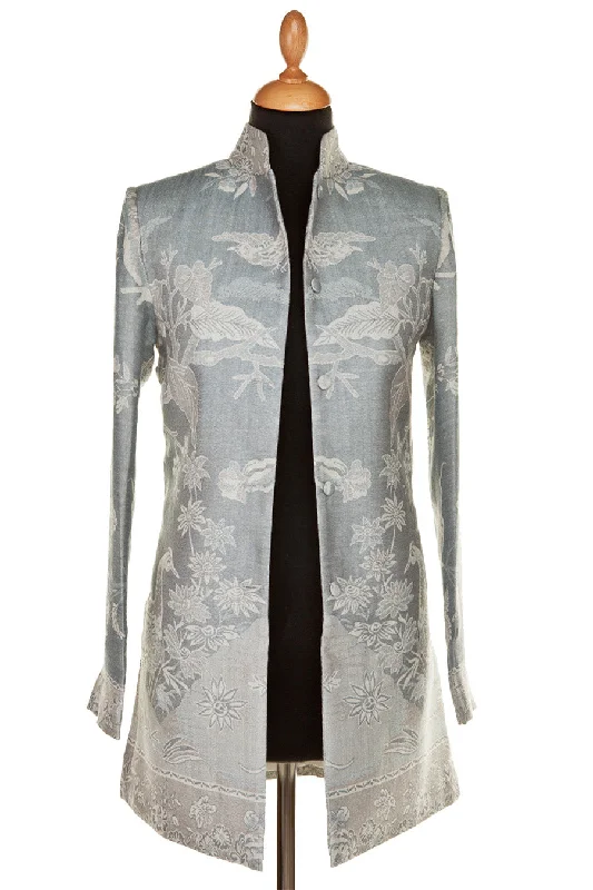 Long Nehru Jacket in Wedgwood Front Pockets Side Pockets Patch Pockets