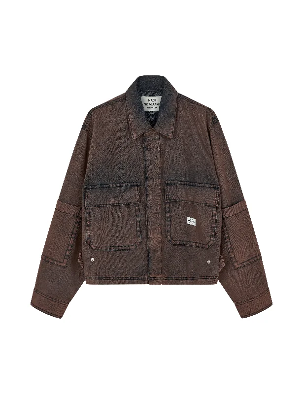 Soft Denim Soleil Jacket, Brown A-Line Jacket Boat Neck Shawl Collar