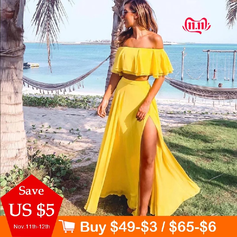 Summer Women Outfits Yellow Sexy 2pcs Set Floor Length Maxi Skirt Split Side Off The Shoulder Backless Crop Tops Ruffled Top