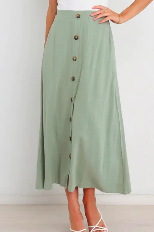 Button Down Pockets A-line Long Skirt button skirt front
