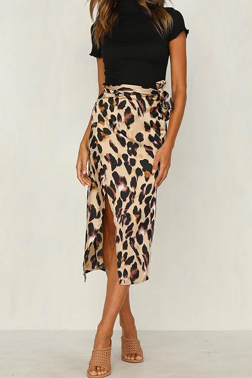 Knot Waist Slit Midi Leopard Skirt midi skirt versatile