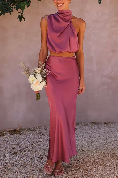 Turtleneck Sleeveless Crop Top High Waist Maxi Skirt Satin Set floral skirt print