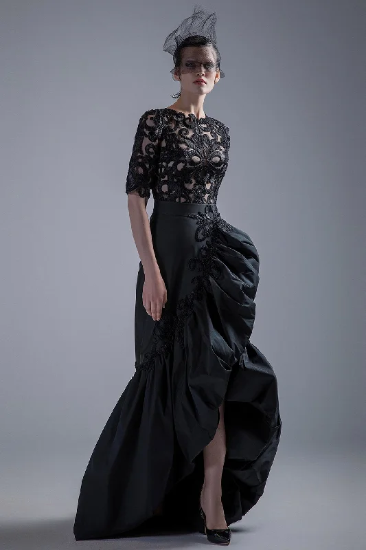 Embelished floral top with ruffled taffeta skirt high waist skirt
