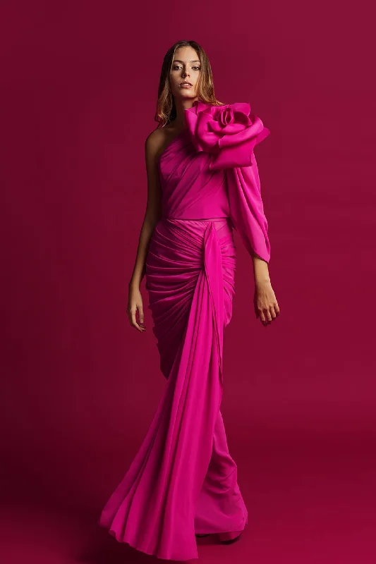 Flower on shoulder one sleeve top featuring side draped skirt linen skirt light