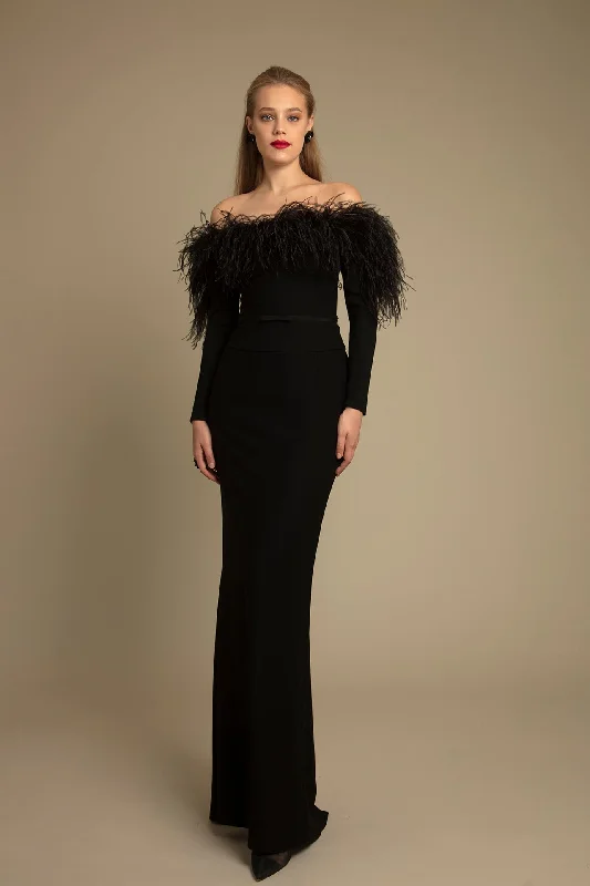 Long sleeves feathered off shoulder top with skirt leather skirt sleek