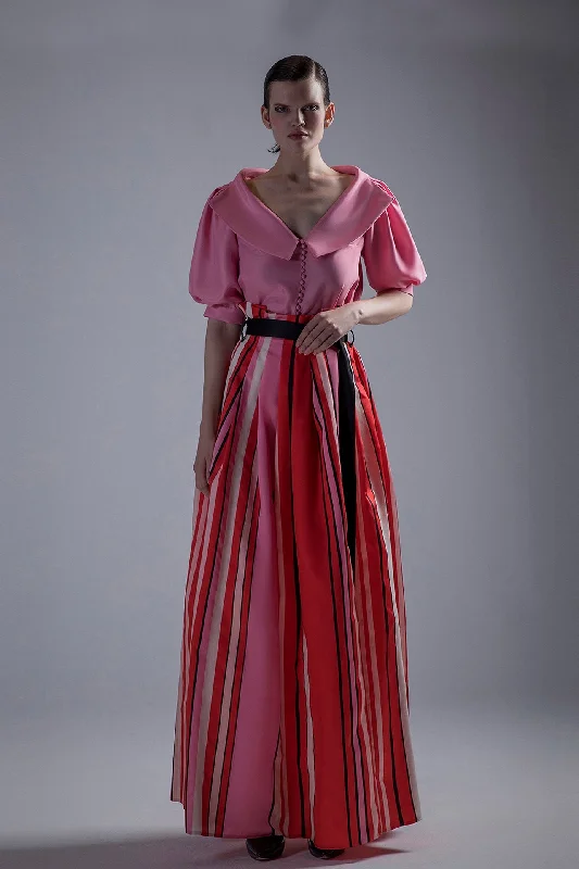 Open neckline button detailed top with striped motif skirt belted skirt waist