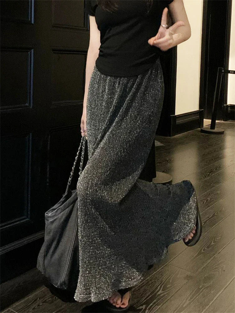 Black Sequin Slim Long Skirt Women High Waist Luxury Elegant Fashion Streetwear Y2k Maxi Skirt Glitter Ladies Long Skirt lace skirt delicate