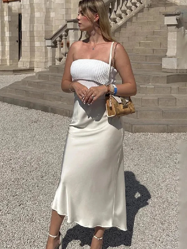 White High Waist Slim Maxi Skirt For Women Satin Fashion Elegant Solid Patchwork Casual Clothes Summer Long Skirt New denim skirt casual