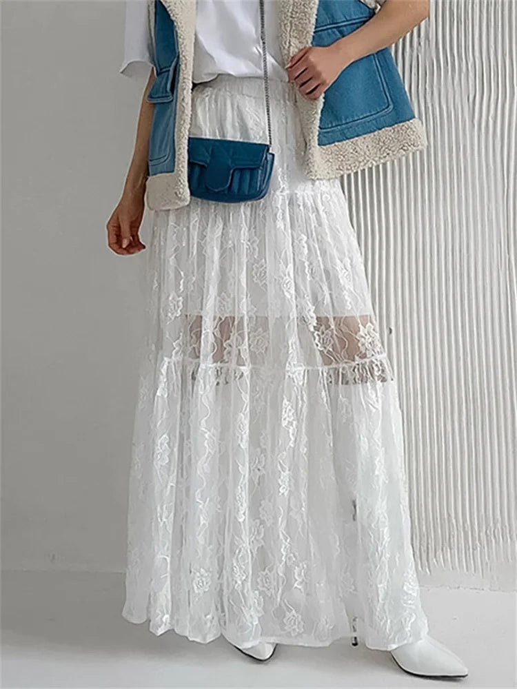 White Printed Lace Maxi Skirt For Women High Waist Fashion See-Through Patchwork Summer Fashion Ladies Long Skirt New wool skirt thick