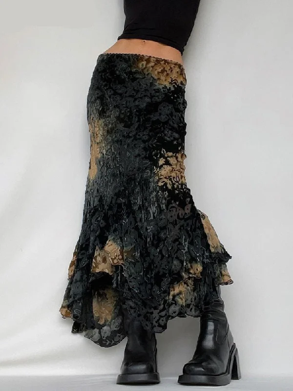 Vintage Printed Mesh Skirt Casual Slim Low-Waisted Trumpet Maxi Skirts Women Summer Fashion Lady silk skirt lustrous