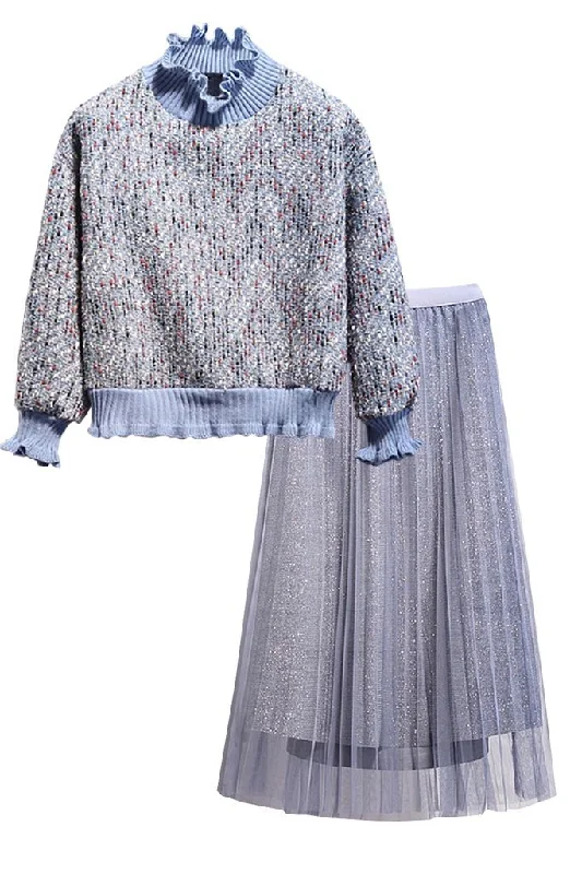 Elora Tweed Style Knitted Top and Mesh Skirt Set boho skirt vibe