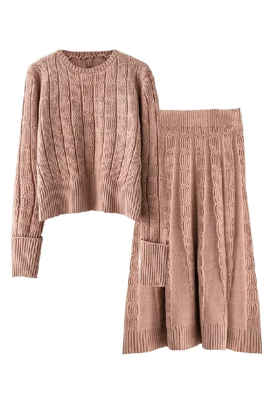 Anette Beige Knitted Blouse and Skirt Set asymmetrical skirt cut