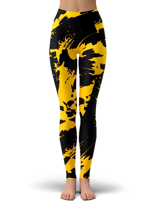 Black and Yellow Paint Splatter Leggings Trendy Polka Dot Leggings