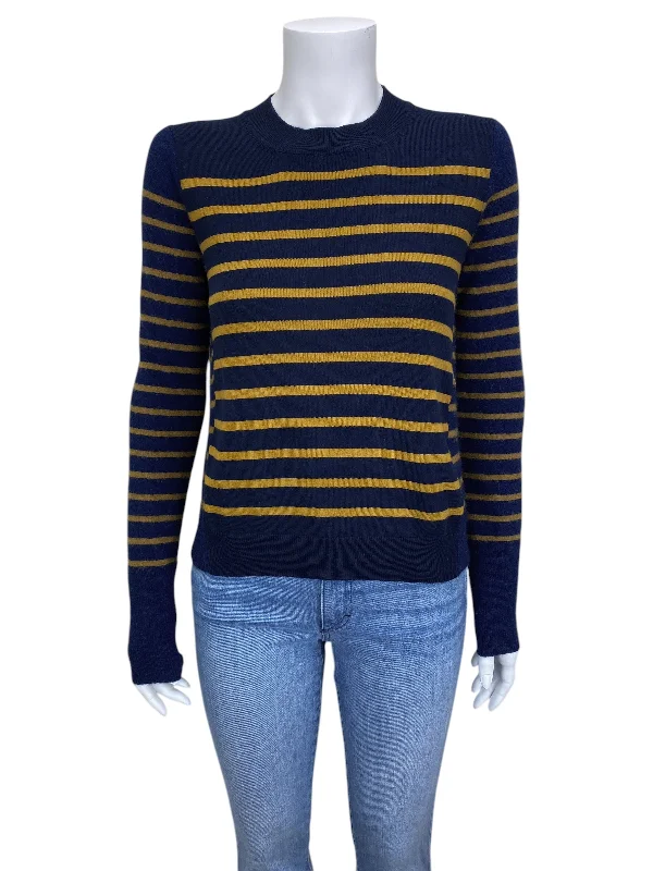 La Ligne Women's Striped Cashmere Blend Crew Sweater Navy Gold Size XS