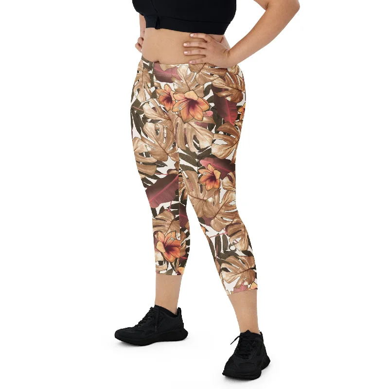 Legging Court "Fleurs et feuilles brunes"