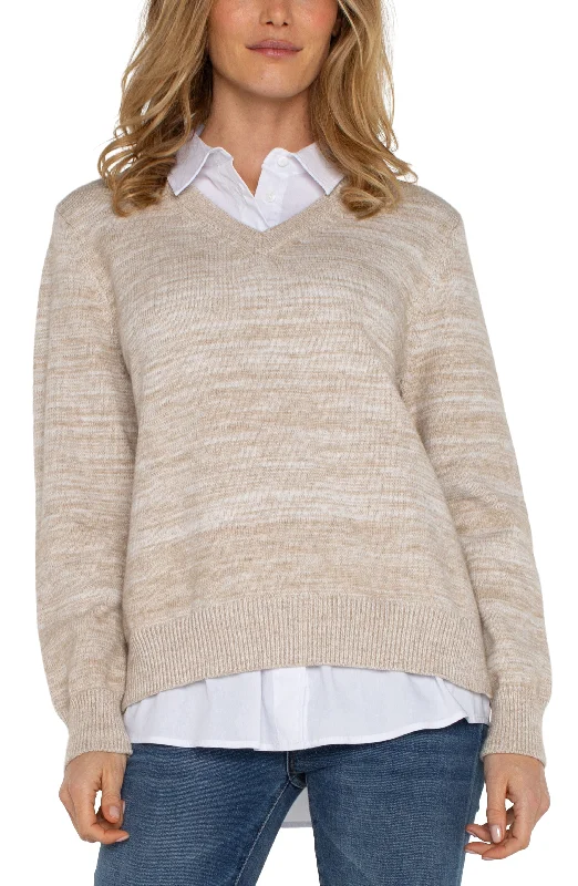 LONG SLEEVE TWOFER COLLARED SWEATER