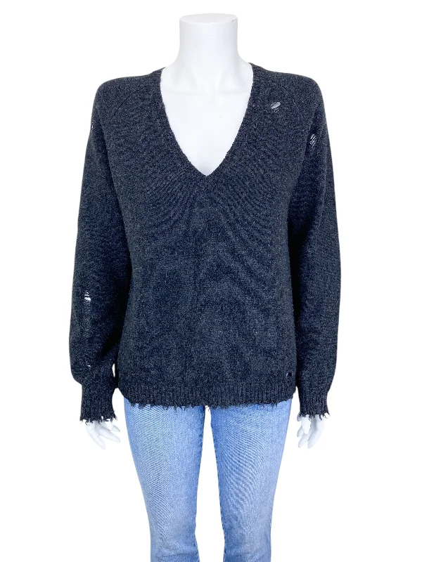 Rails Women's Tristan Distressed V-Neck Wool Blend Sweater Charcoal Size M