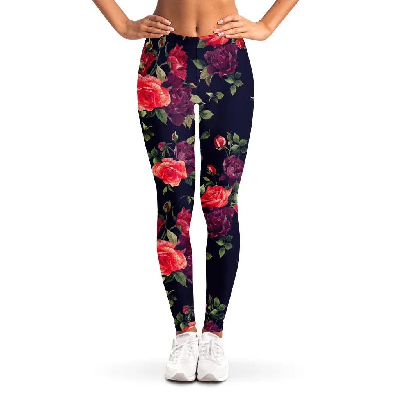 Red Violet Roses Floral Pattern Print Women's Leggings