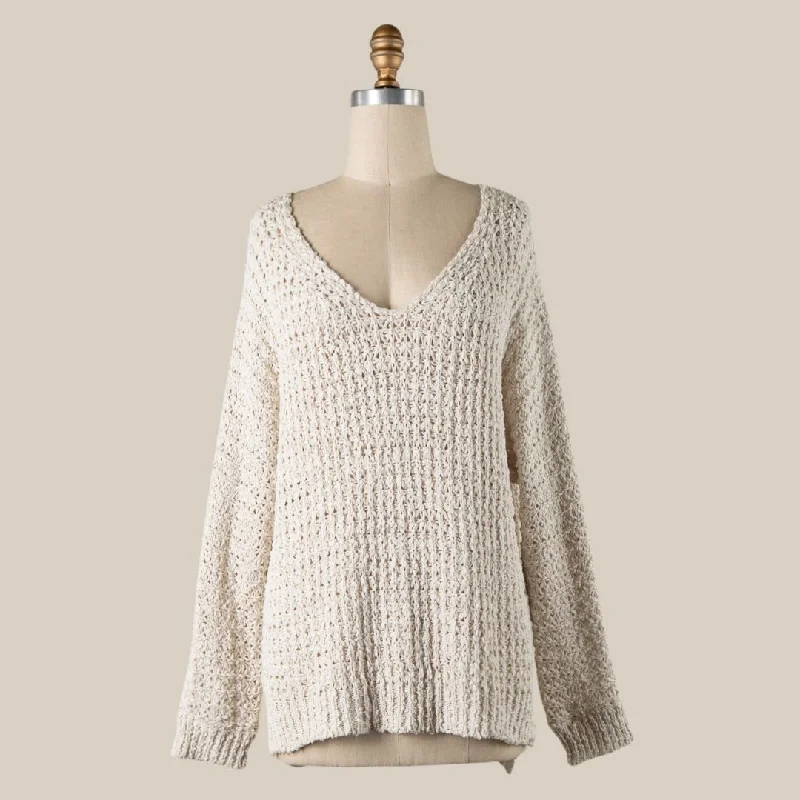 V Neck Ribbed Trim Cable Knit Sweater (Ivory)