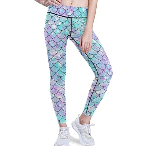 visesunny High Waist Yoga Pants with Pockets Beautiful Rainbow Mermaid Scale Buttery Soft Tummy Control Running Workout Pants 4 Way Stretch Pocket Leggings