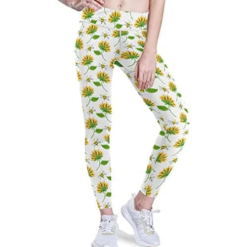 visesunny High Waist Yoga Pants with Pockets Simple Style Sunflower Bee Soft Tummy Control Workout Leggings