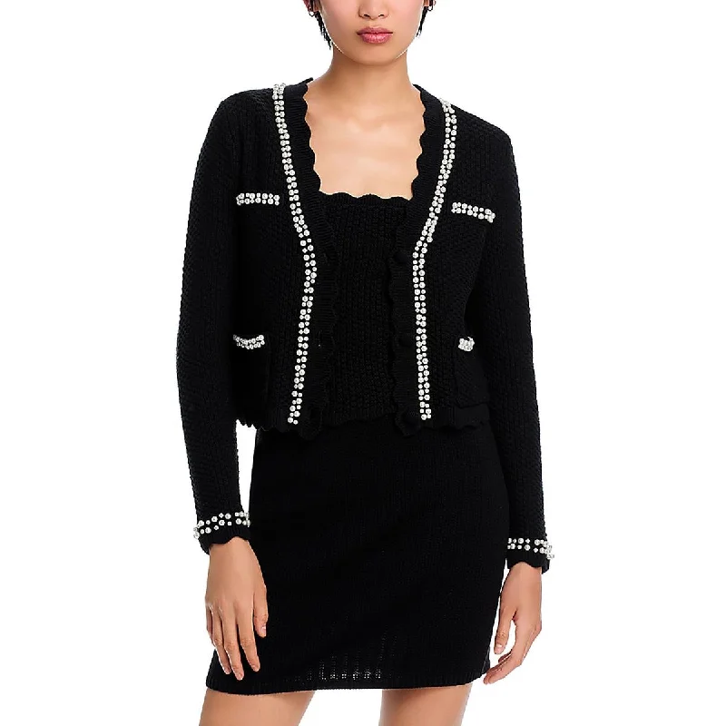 Aqua Womens Cotton Blend Embellished Cardigan Sweater Herringbone Houndstooth Plaid