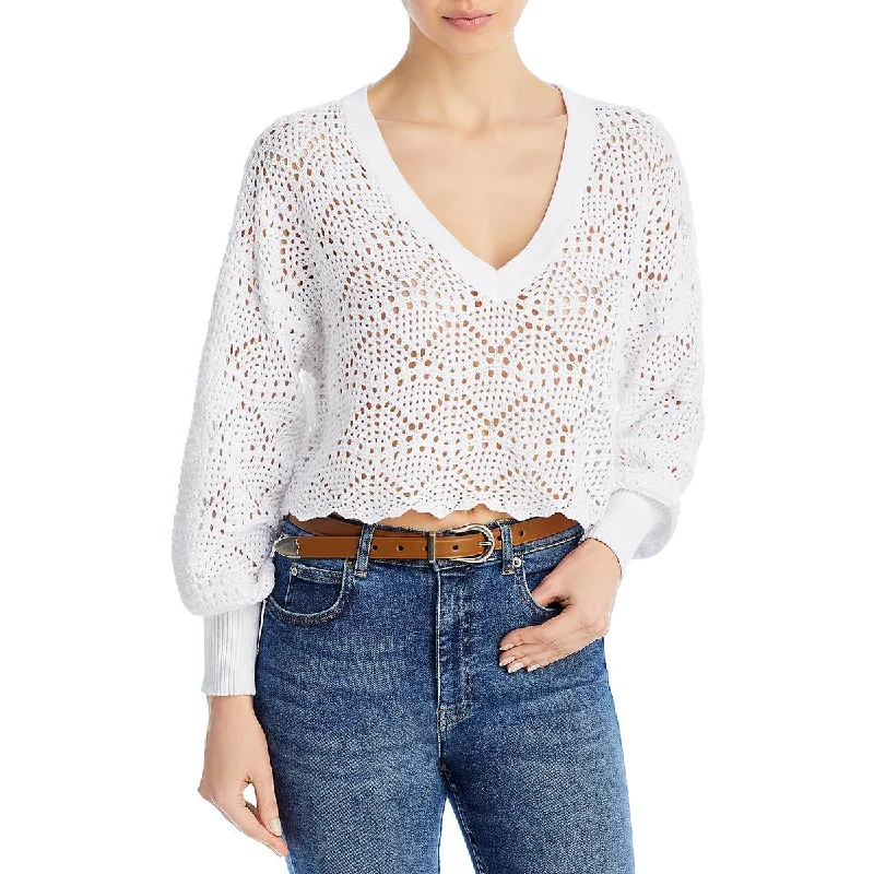Aqua Womens Crochet Cropped V-Neck Sweater Fleece Sweater Nylon Polyester