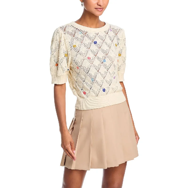 Aqua Womens Embroidered Flower Pullover Sweater Solid Print Embellished