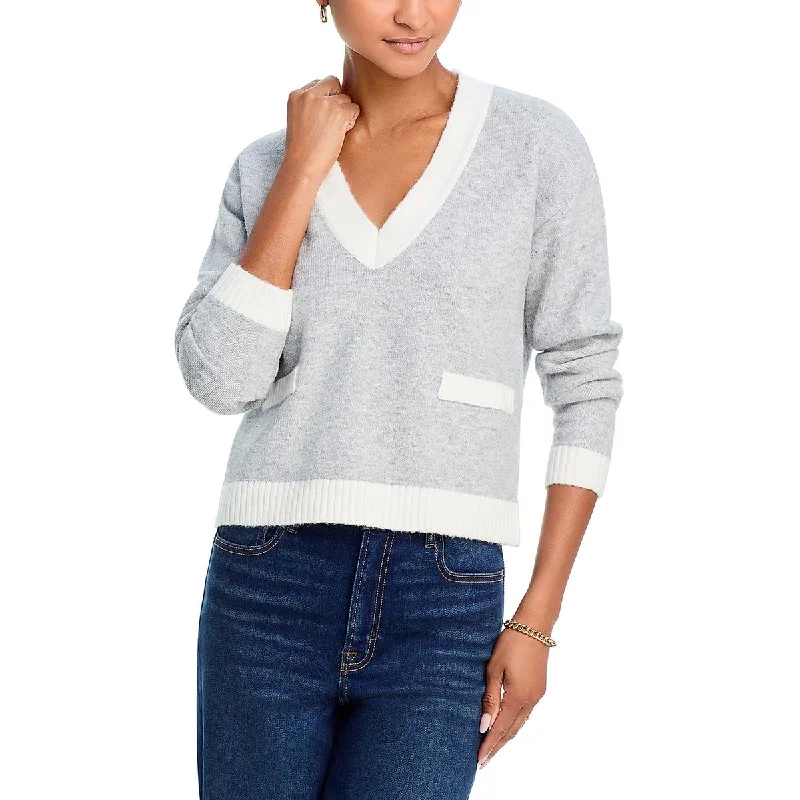 Aqua Womens Knit Contrast Trim V-Neck Sweater Fitted Loose Oversized