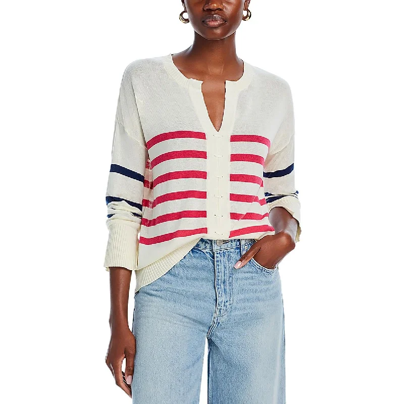 Aqua Womens Striped Ribbed Trim Pullover Sweater Plaid Sweater Polka Dot Checkered