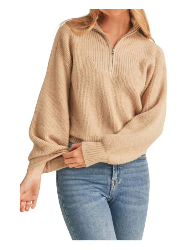 Ashley Half Zip Pullover Sweater In Beige Print Jacquard Patchwork