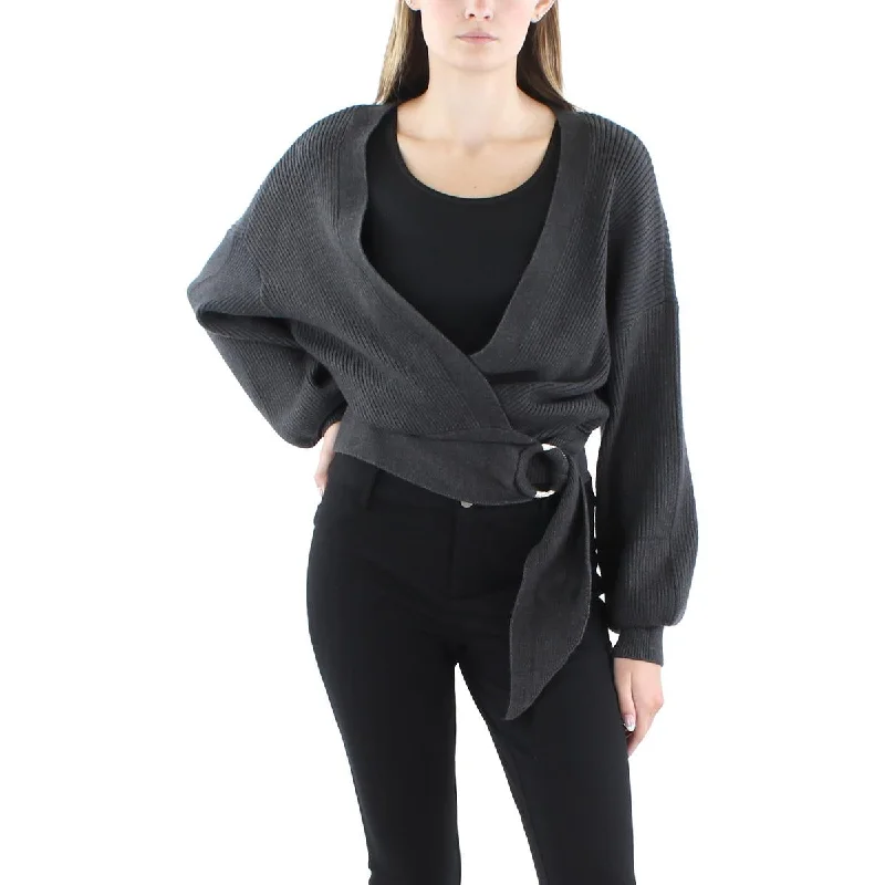 Belldini Womens Wrap Dolman Cardigan Sweater Mesh Blend Leather Blend Suede Blend