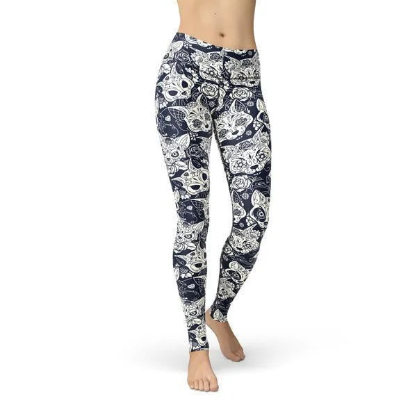 Beverly Cat Sugar Skulls Leggings Comfortable Ribbed Waistband Leggings