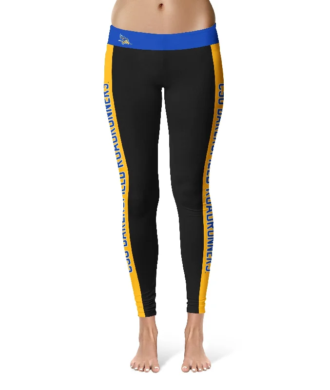 CSU Bakersfield Roadrunners Game Day Gold Stripes Black Yoga Leggings for Women by Vive La Fete Trendy Minimalist Leggings