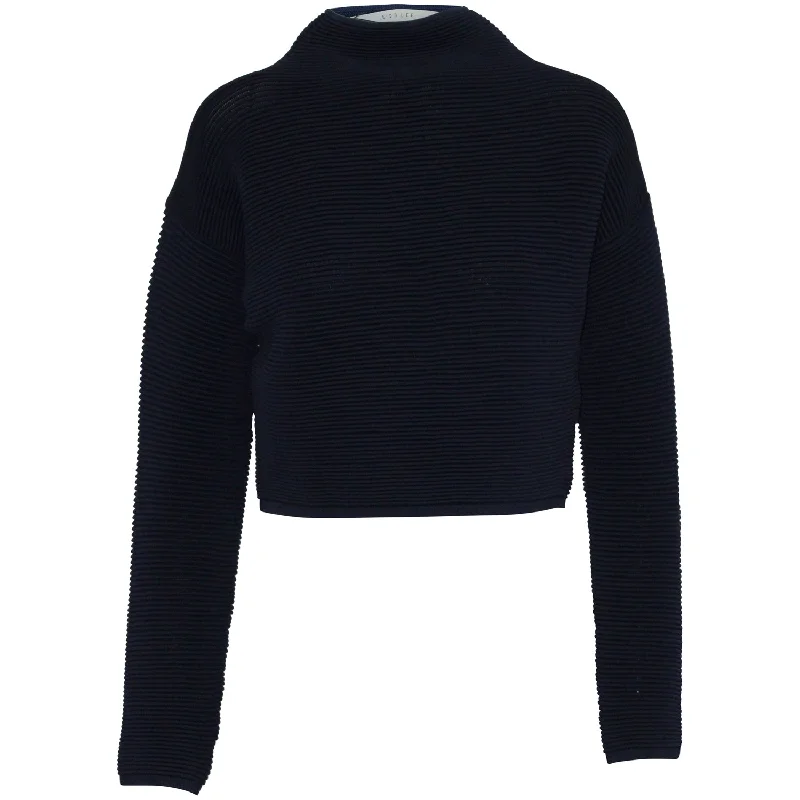 Dion Lee Mock Neck Rib Knit Sweater in Navy Blue Viscose Herringbone Houndstooth Plaid Dion Lee Mock Neck Rib Knit Sweater in Navy Blue Viscose Herringbone Houndstooth Plaid