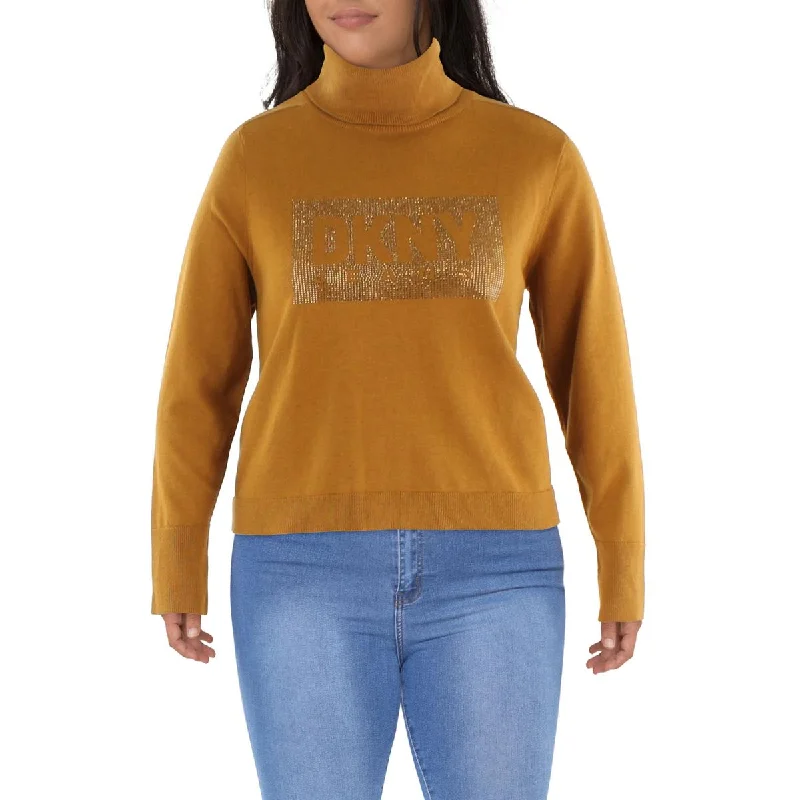 DKNY Jeans Womens Sequined Logo Ribbed Trim Turtleneck Sweater Velvet Chenille Corduroy DKNY Jeans Womens Sequined Logo Ribbed Trim Turtleneck Sweater Velvet Chenille Corduroy