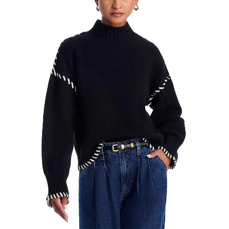 En Saison Womens Knit Contrast Trim Mock Turtleneck Sweater Cotton Fabric Linen Fabric Terry Fabric En Saison Womens Knit Contrast Trim Mock Turtleneck Sweater Cotton Fabric Linen Fabric Terry Fabric