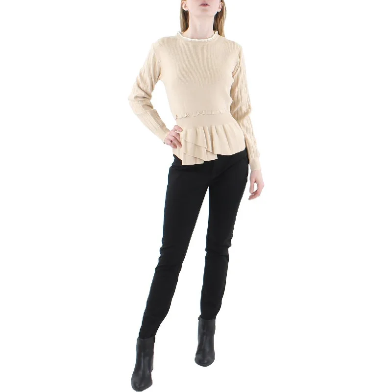 Gracia Womens Ruffled Peplum Pullover Sweater Houndstooth Herringbone Solid