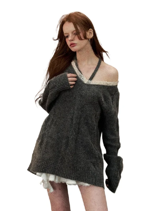 Gray Lace Halterneck Sweater Anti-Pilling Anti-Shrink Durable