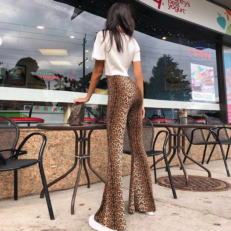 High Waist Leopard Print Flare Leggings Comfortable Leggings with Pockets